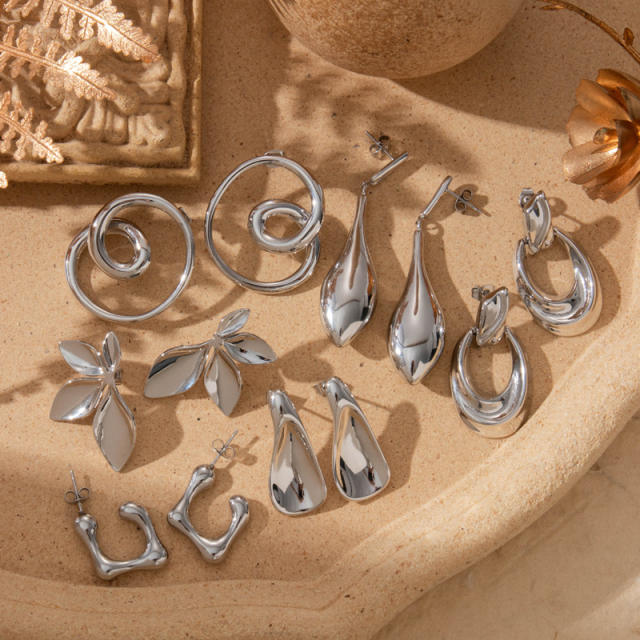Silver color stainless steel geometric petal flower earrings collection  stainless steel earrings