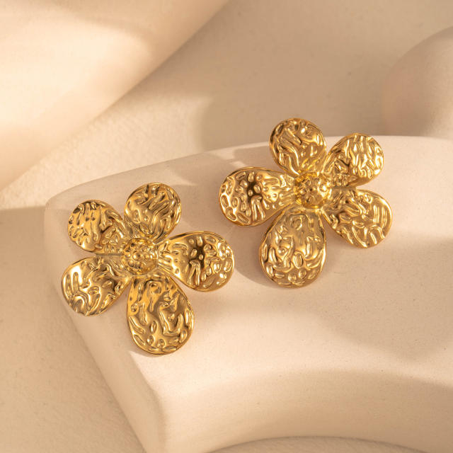 Popular big size petal flower drop shape stainless steel earrings collection