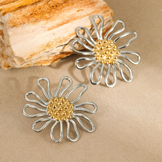 Sweet daisy flower hollow out stainless steel earrings