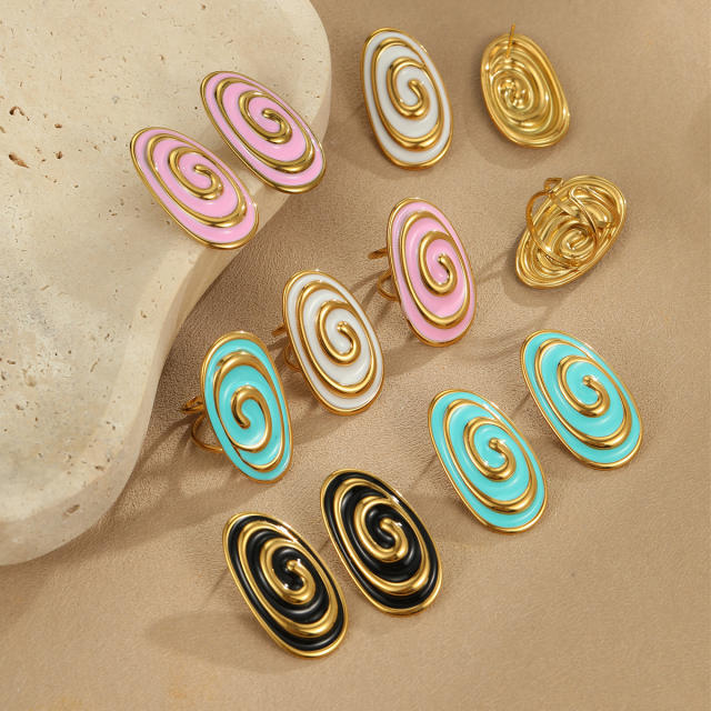 Hot fashion oval line color enamel stainless steel earrings rings suit