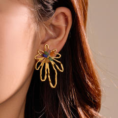 Elegant coloful bead flower hollow out stainless steel earrings