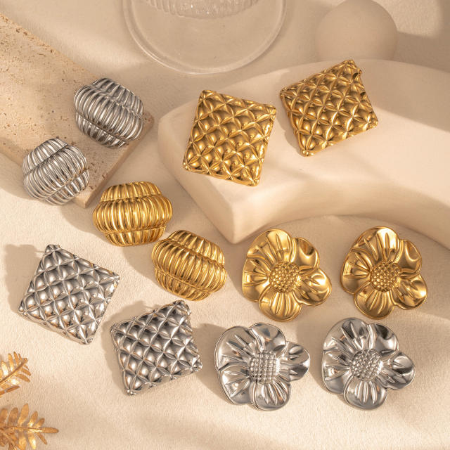 Geometric square petal flower stainless steel earrings collection