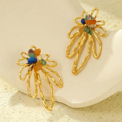 Elegant coloful bead flower hollow out stainless steel earrings