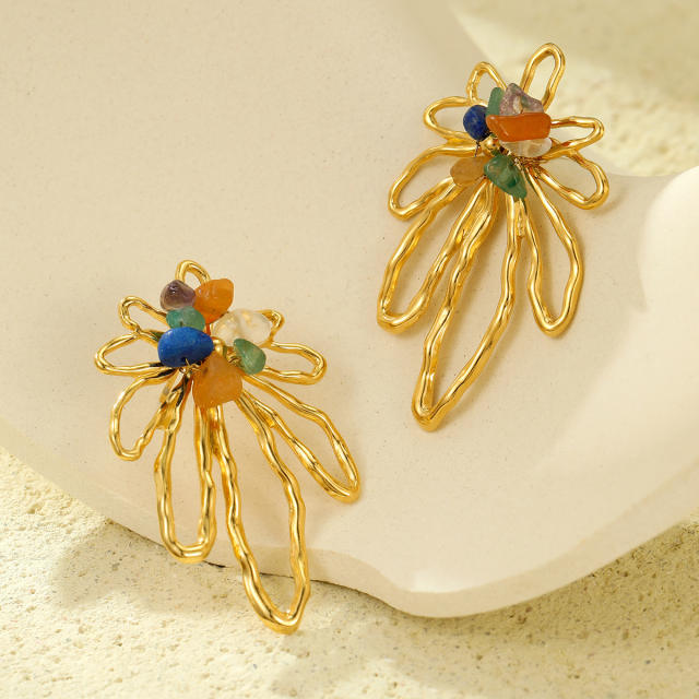 Elegant coloful bead flower hollow out stainless steel earrings