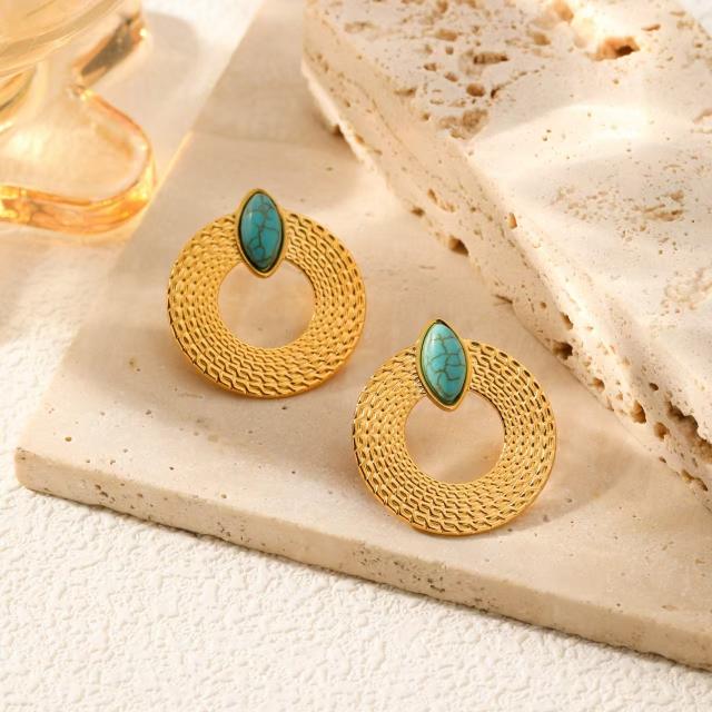 Vintage chunky circle turquoise statement stainless steel earrings