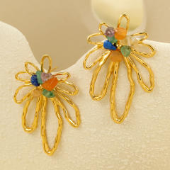 Elegant coloful bead flower hollow out stainless steel earrings