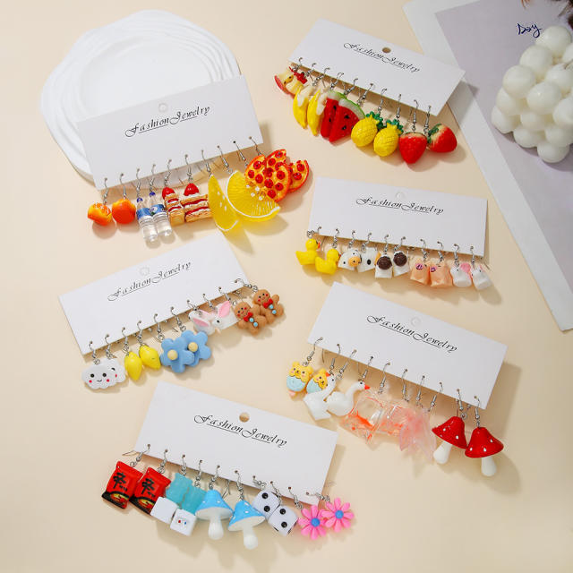 Hot Selling Resin Acrylic Earrings Combination Summer Fun Fruit Small Animal 5 Pair Earrings