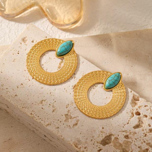 Vintage chunky circle turquoise statement stainless steel earrings