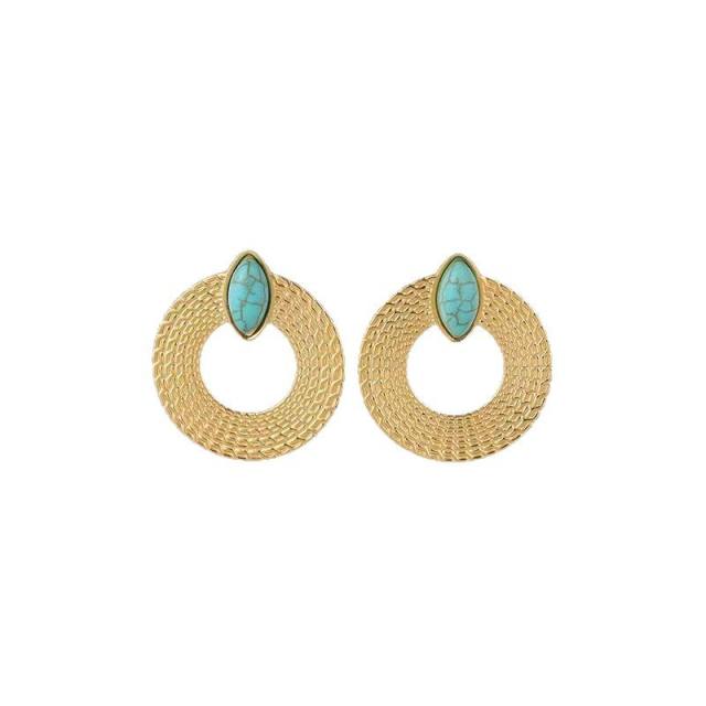 Vintage chunky circle turquoise statement stainless steel earrings