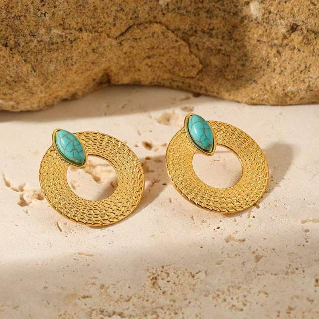 Vintage chunky circle turquoise statement stainless steel earrings