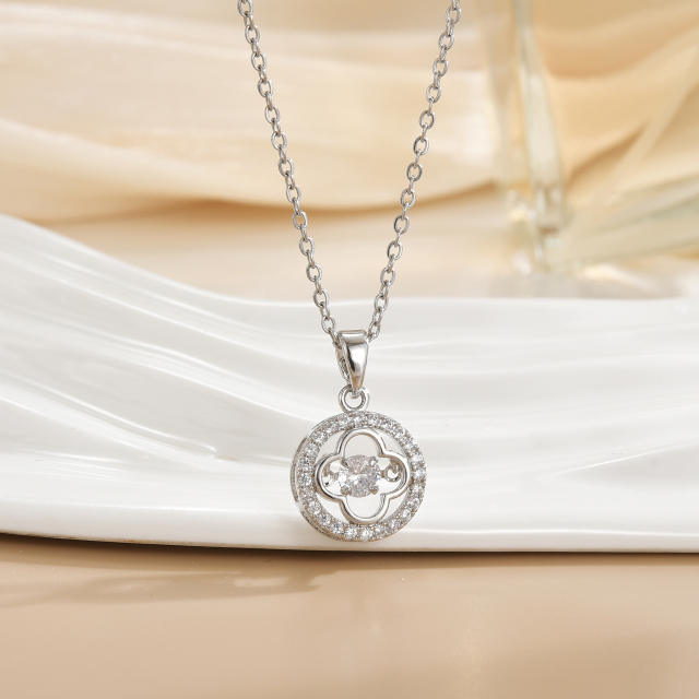Korean Style Smart rotatable diamond flower crown pendant Necklace stainless steel chain necklace