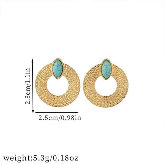 Vintage chunky circle turquoise statement stainless steel earrings
