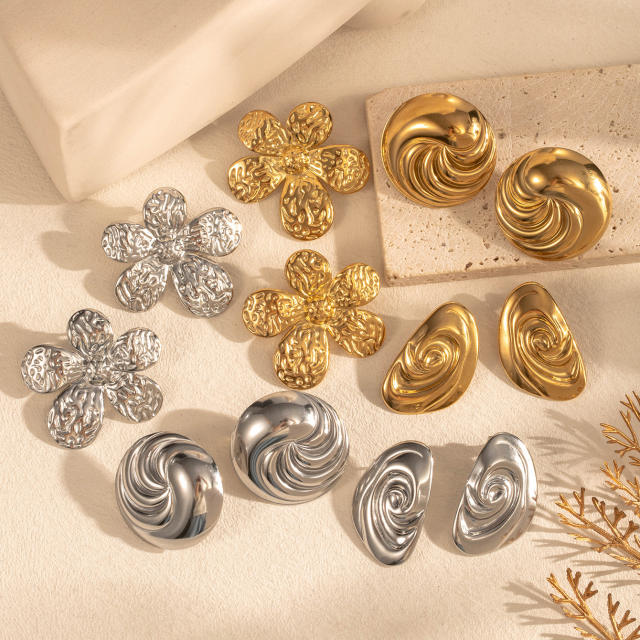 Popular big size petal flower drop shape stainless steel earrings collection