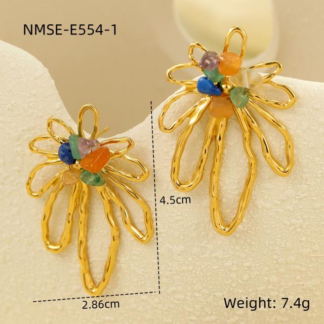 Elegant coloful bead flower hollow out stainless steel earrings