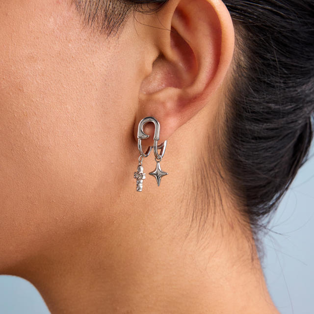 Chic silver color paper clip theme diamond star cross charm stainless steel earrings
