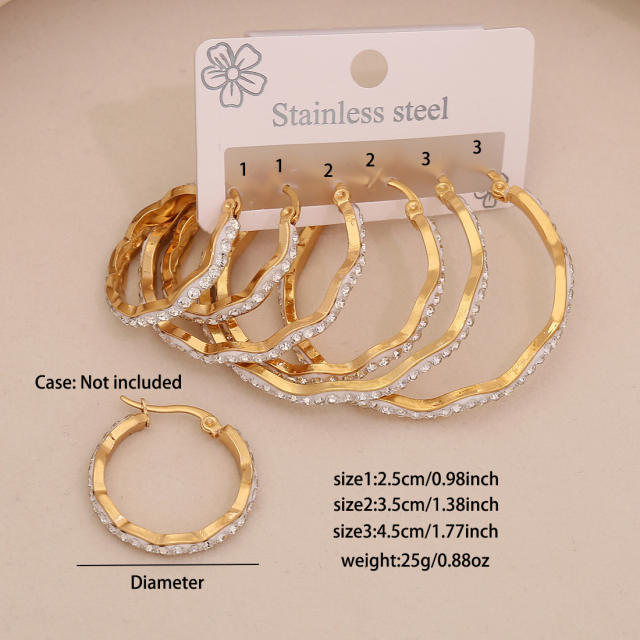 3 pair diamond heart circle stainless steel earrings set