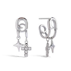 Chic silver color paper clip theme diamond star cross charm stainless steel earrings