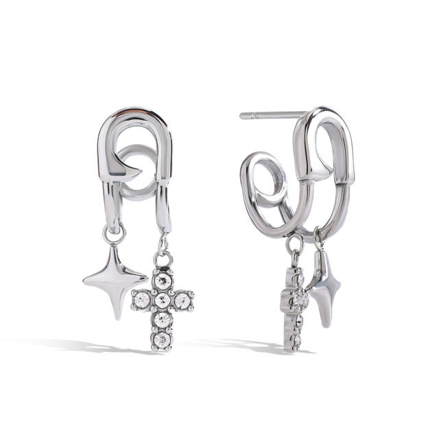 Chic silver color paper clip theme diamond star cross charm stainless steel earrings