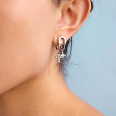 Chic silver color paper clip theme diamond star cross charm stainless steel earrings