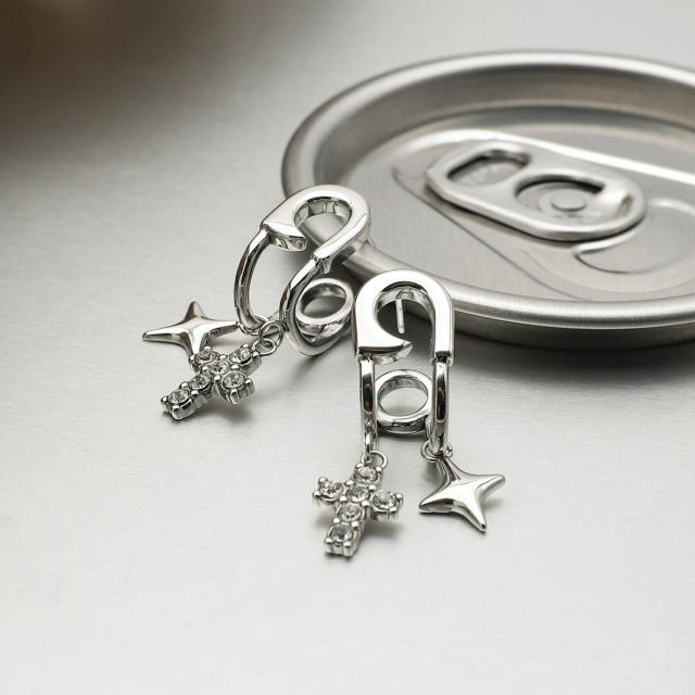Chic silver color paper clip theme diamond star cross charm stainless steel earrings