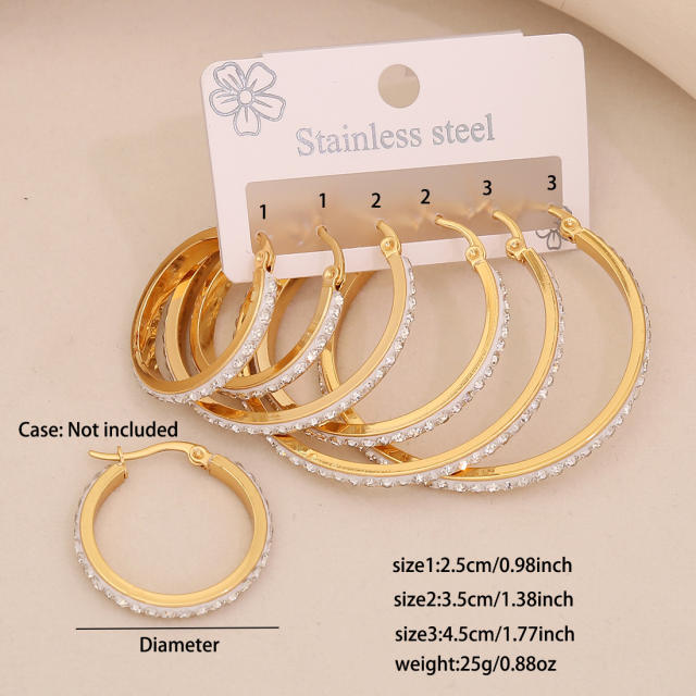3 pair diamond heart circle stainless steel earrings set