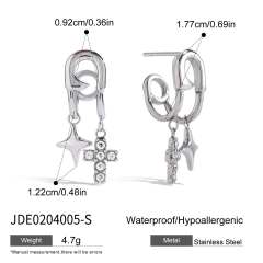 Chic silver color paper clip theme diamond star cross charm stainless steel earrings