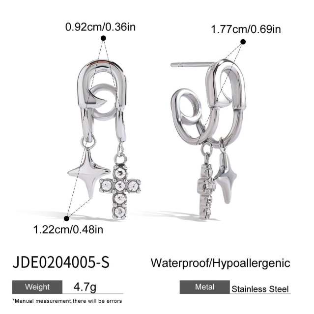 Chic silver color paper clip theme diamond star cross charm stainless steel earrings