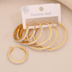 3 pair diamond heart circle stainless steel earrings set
