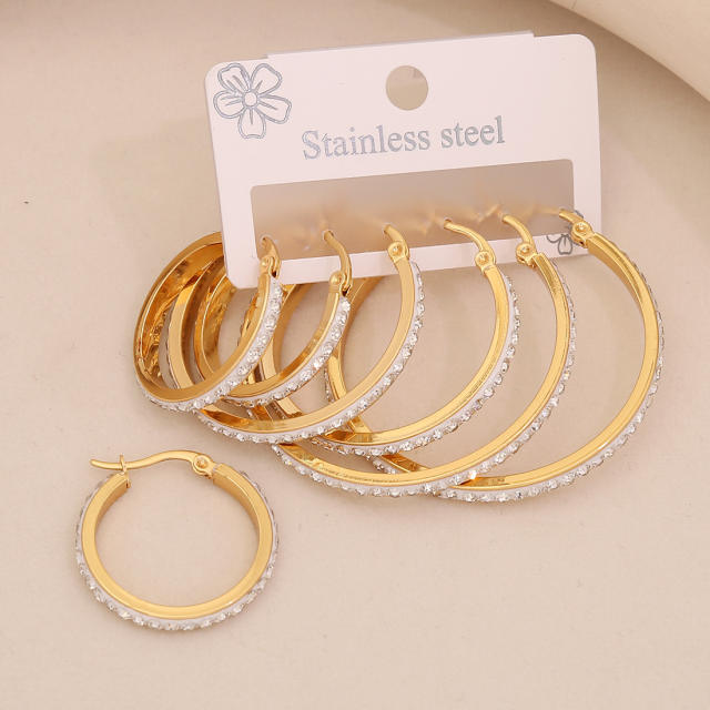 3 pair diamond heart circle stainless steel earrings set
