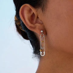 Paper clip theme two tone stainless steel earrings