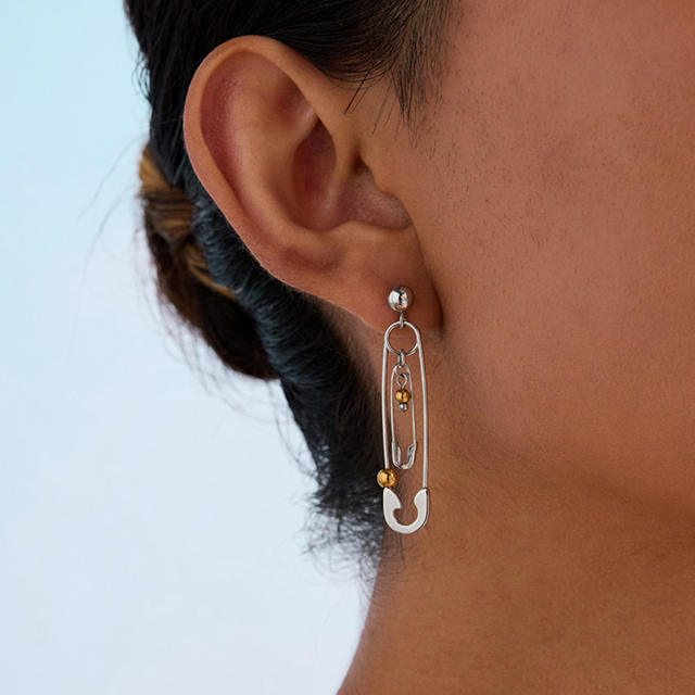 Paper clip theme two tone stainless steel earrings