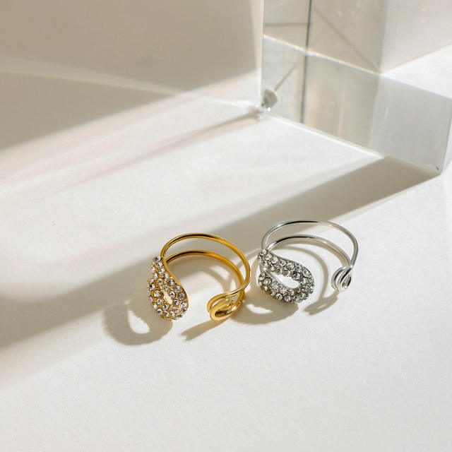 18K Gold zircon paper clip theme stainless steel rings