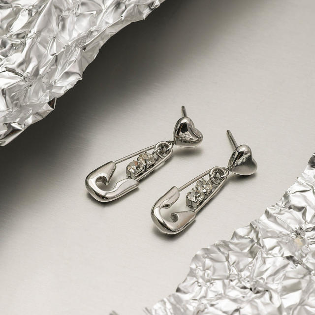 Silver color chic paper clip them diamond dangle earrings stainless steel earrings