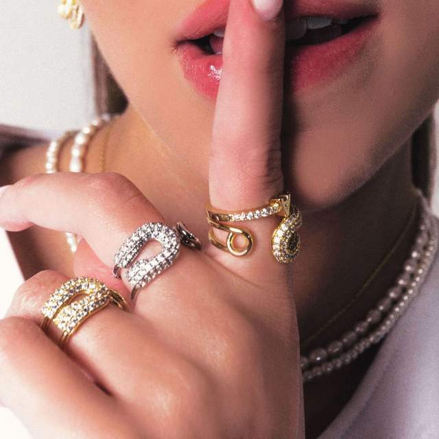 18K Gold zircon paper clip theme stainless steel rings