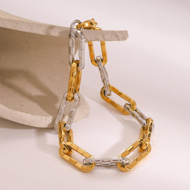 Two tone basic paperclip chain stainless steel bracelet