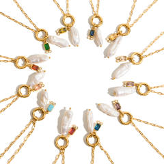18KG baroque pearl birthstone pendant stainless steel necklace