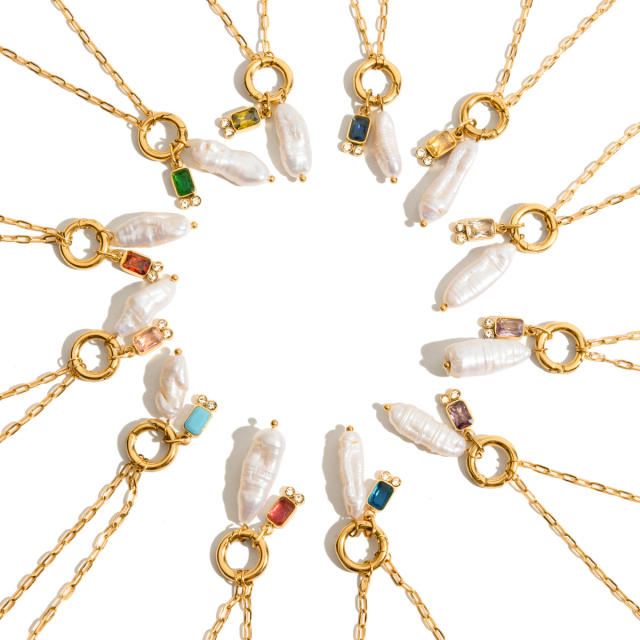 18KG baroque pearl birthstone pendant stainless steel necklace