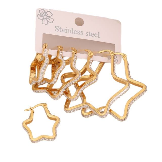 3 pair diamond heart circle stainless steel earrings set