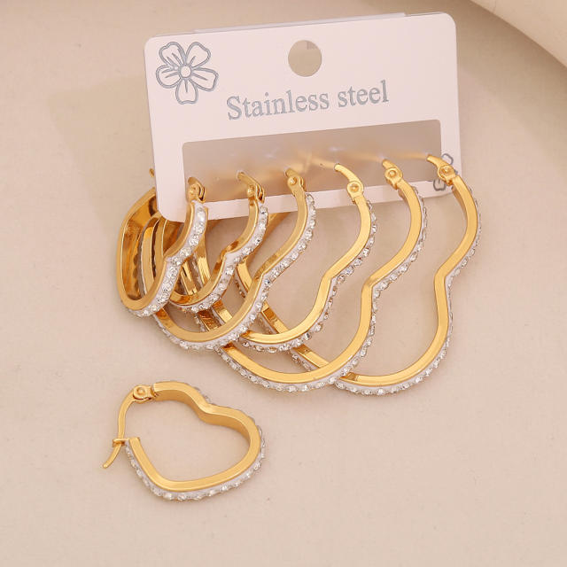 3 pair diamond heart circle stainless steel earrings set