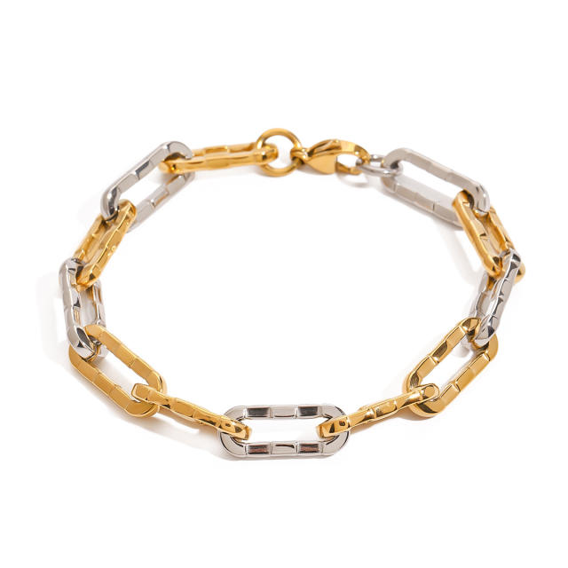 Two tone basic paperclip chain stainless steel bracelet