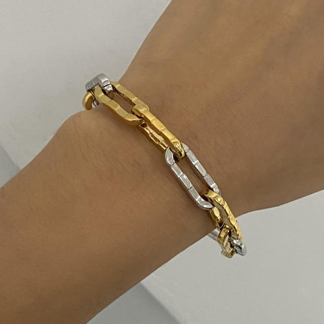 Two tone basic paperclip chain stainless steel bracelet