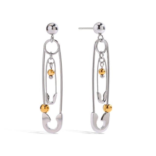 Paper clip theme two tone stainless steel earrings
