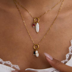 18KG baroque pearl birthstone pendant stainless steel necklace