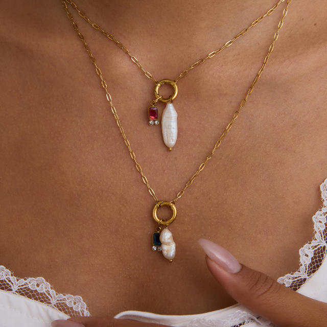 18KG baroque pearl birthstone pendant stainless steel necklace