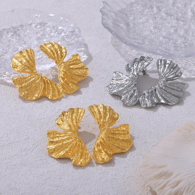 Chic Style Ginkgo Leaves Twisted Texture Leaf Earrings stainless steel earrings