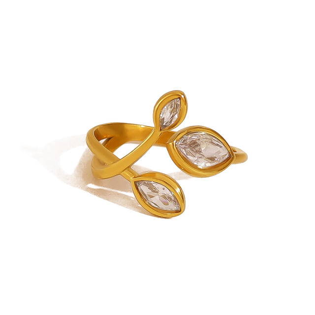 18K Gold Zircon leaf Open Ring stainless steel rings