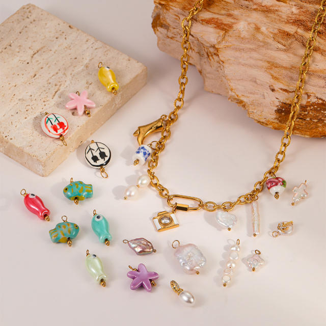 Multi-element Starfish small fish Ceramic Pendant Freshwater Pearl Pendant Necklace Accessories suit Jewelry