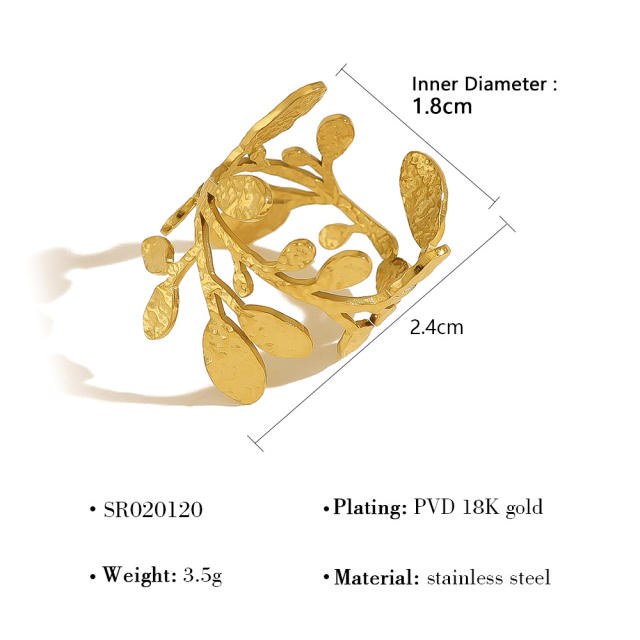 Natural gold silver color leaf design stainless steel rings