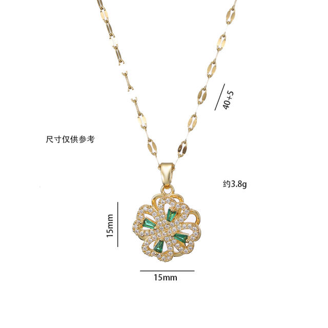 Sweet green cubic zircon rotating clover stainless steel chain necklace bracelet suit