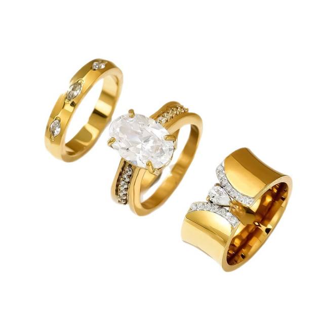 Oval cubic zircon inlaid stainless steel rings chunky rings